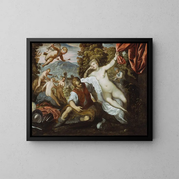 Venus and Mars with Cupid and the Three Graces in a landscape - Domenico Tintoretto — framed artwork on a wall