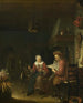 Binnenkant met een man die leest en een vrouw die wol spinnt - Domenicus van Tol — weergave van het kunstwerk