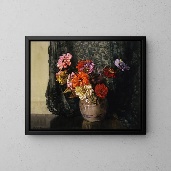 Zinnias - Dorothy Richmond — framed artwork on a wall