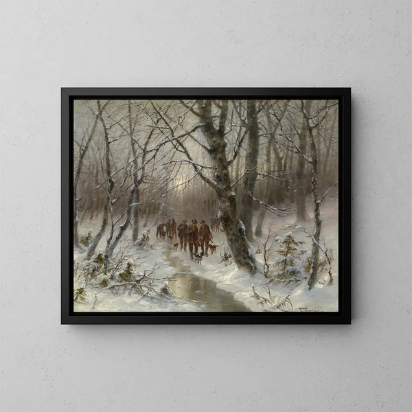 Hunter in the winter forest - Désiré Thomassin — framed artwork on a wall