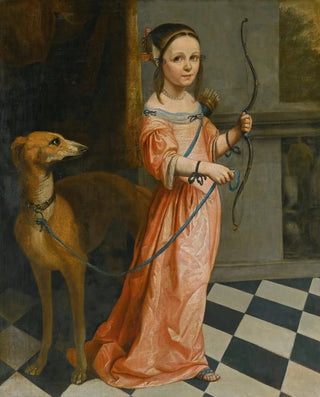 Dutch School - Portrait Of A Girl Full Length In A Pink Dress With A Bow And Hound.webp