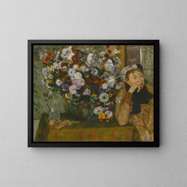 a woman sitting next to a vase of flowers - Edgar Degas — framed artwork on a wall