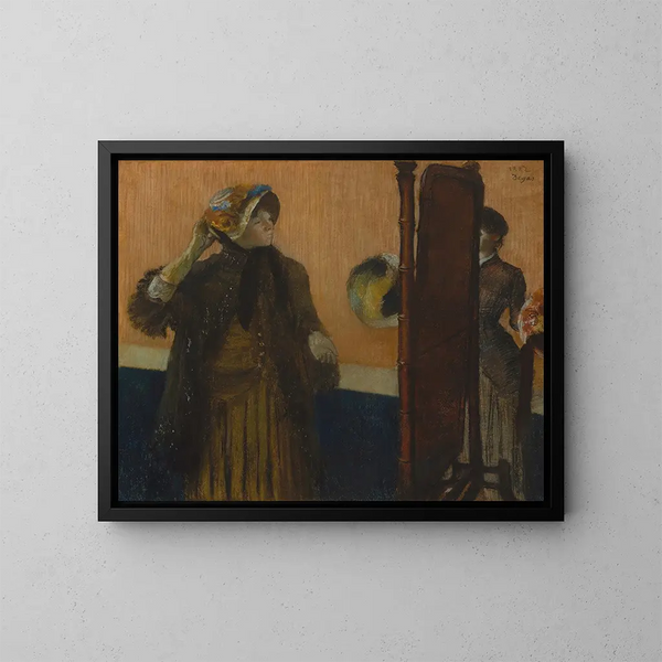 Bij de hoedenmakers - Edgar Degas — ingelijst kunstwerk aan de muur