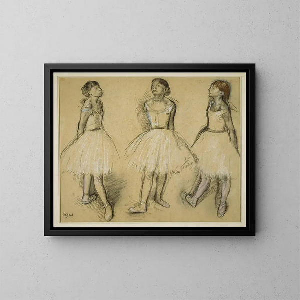 Three studies of a dancer in fourth position - Edgar Degas — framed artwork on a wall