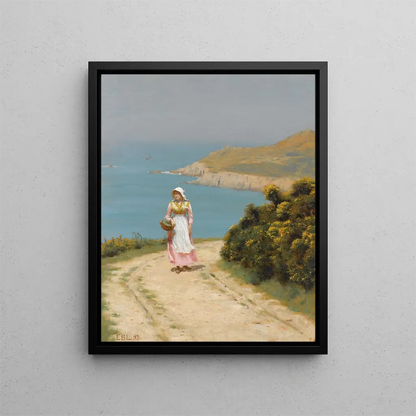 Girl on a Coastal Path - Edmund Blair Leighton — framed artwork on a wall