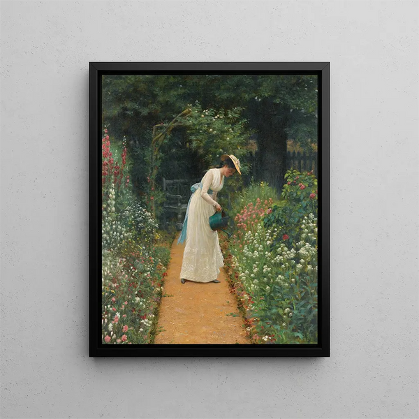 The Lady's Garden - Edmund Blair Leighton — framed artwork on a wall