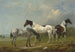 Twee paarden pie, een grijze en een spaniel in een uitgestrekt landschap, een boerderij op de achtergrond - Edmund Bristow — weergave van het kunstwerk
