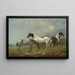 Twee paarden pie, een grijze en een spaniel in een uitgestrekt landschap, een boerderij op de achtergrond - Edmund Bristow — ingelijst kunstwerk aan de muur