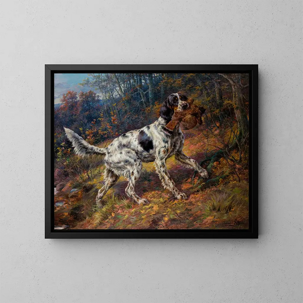 English Setter painting with a pheasant - Edmund Henry Osthaus — framed artwork on a wall