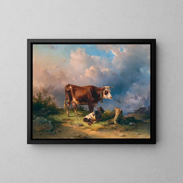 a cow with a calf in an alpine pasture with the Dachstein massif in the background - Edmund Mahlknecht — framed artwork on a wall