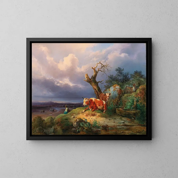 a Shepherdess with Two Cows in a Vast Landscape - Edmund Mahlknecht — framed artwork on a wall