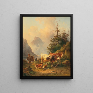 Edmund Mahlknecht - Herd of animals with shepherdess on the lakeside.webp