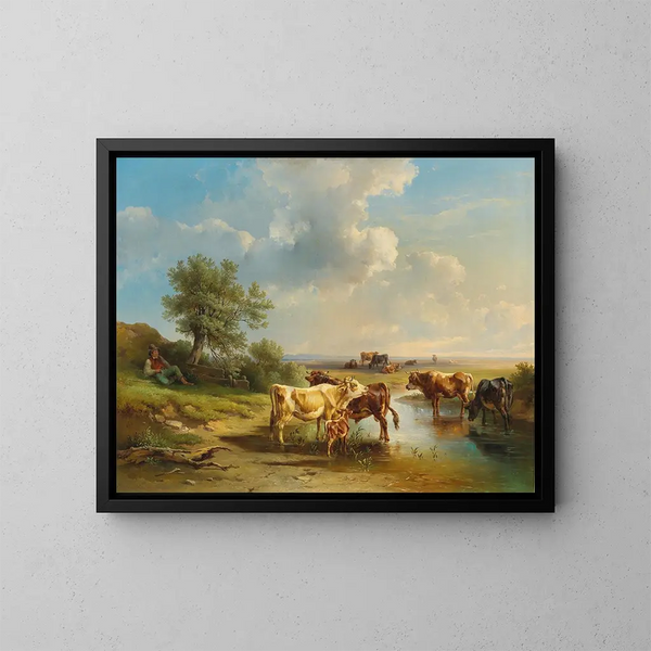 Bergère with a herd of cows by the stream - Edmund Mahlknecht — framed artwork on a wall