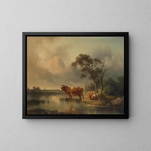 Rastende Khe au Weiher 1854 - Edmund Mahlknecht — framed artwork on a wall