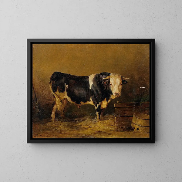 Bull in the stable - Edmund Mahlknecht — framed artwork on a wall
