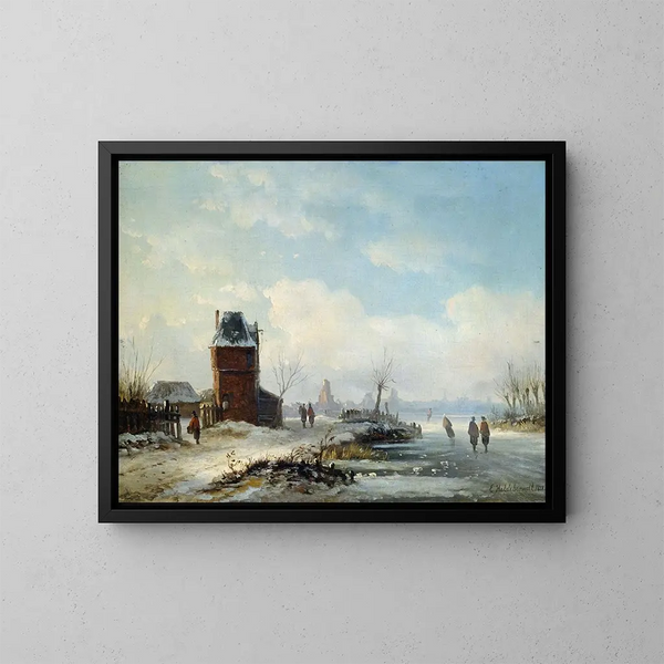 Winter Canal Landscape Painting with View of a Dutch City - Eduard Hildebrandt — framed artwork on a wall