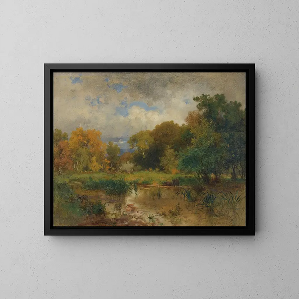 River landscape painting near Lundenburg - Eduard Peithner von Lichtenfels — framed artwork on a wall