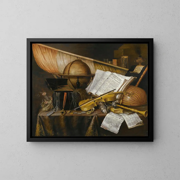 Still Life Vanity with Books and Brochures - Edwaert Collier — framed artwork on a wall