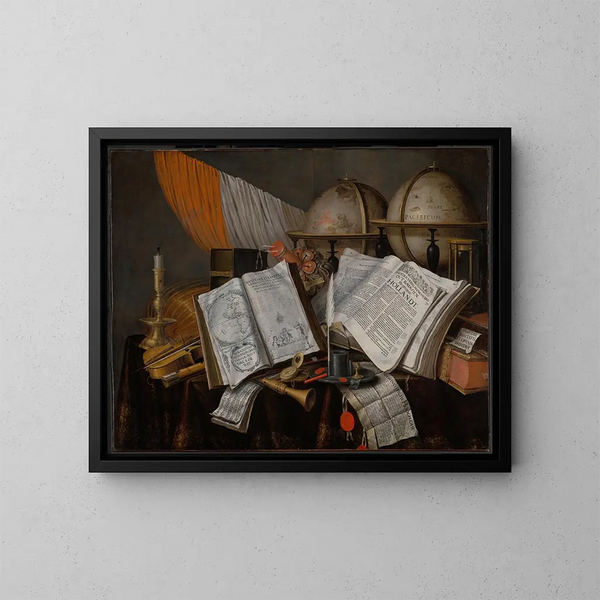 Still life vanity with a flag, a candelabrum, musical instruments, books, writing materials, globes, and an hourglass - Edwaert Collier — framed artwork on a wall