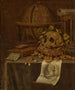 a skull atop a crown of precious stones, an astrological globe, an hourglass, a book, a shell with soap bubbles, and an engraved portrait of Emperor Augustus on a draped table - Edwaert Collier — artwork view