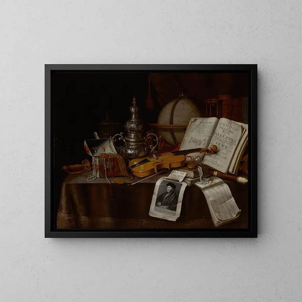 a Still Life Vanity with a Violin, a Silver Incense Burner, a Globe, a Sword, a Jewelry Box, and Manuscripts - Edwaert Collier — framed artwork on a wall