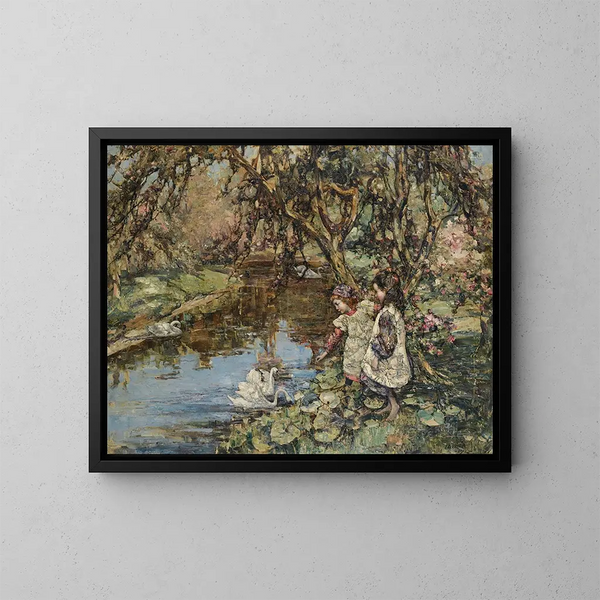 Nourrir les cygnes - Edward Atkinson Hornel — framed artwork on a wall