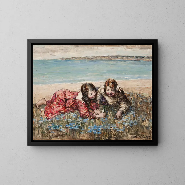 Gathering of Flowers by the Sea - Edward Atkinson Hornel — framed artwork on a wall