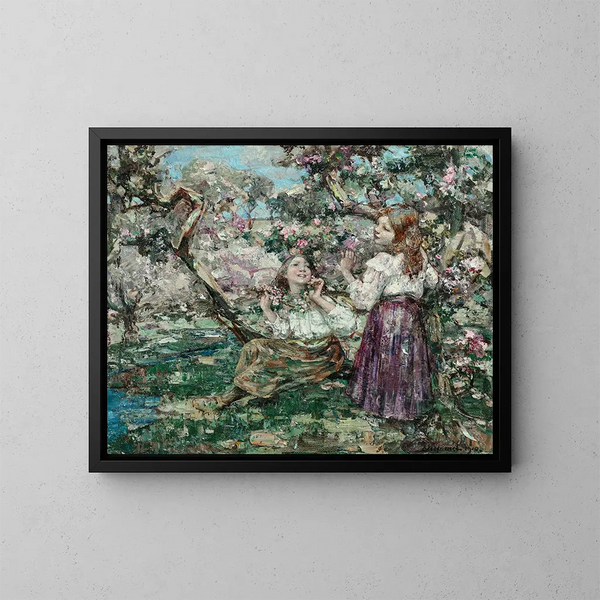 Girls among the Flowers - Edward Atkinson Hornel — framed artwork on a wall