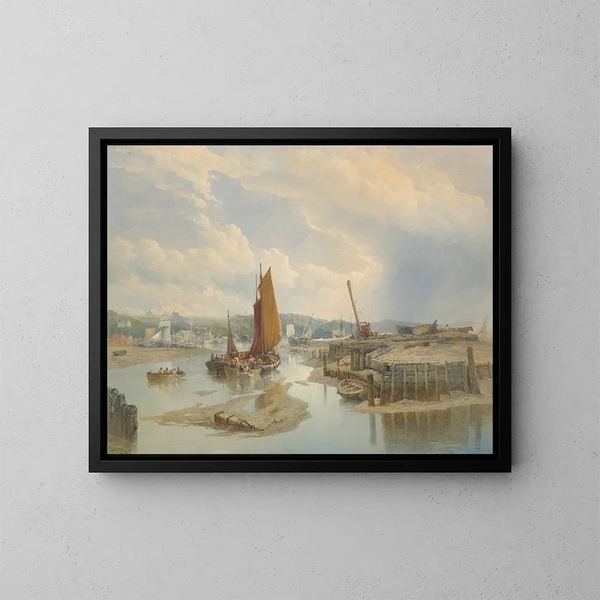 a city on an estuary at low tide - Edward Duncan — framed artwork on a wall