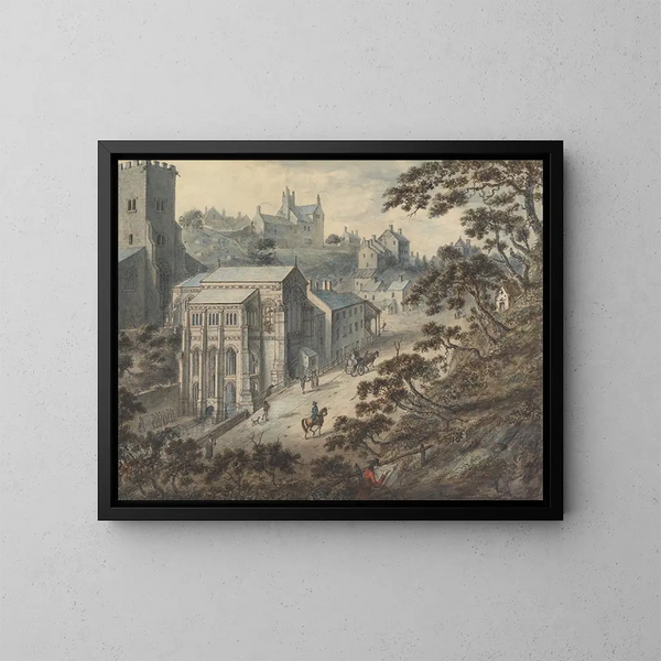 The Well of Sainte Winifred in Holywell, Flintshire, Wales, with the artist in the foreground - Edward Edwards — framed artwork on a wall
