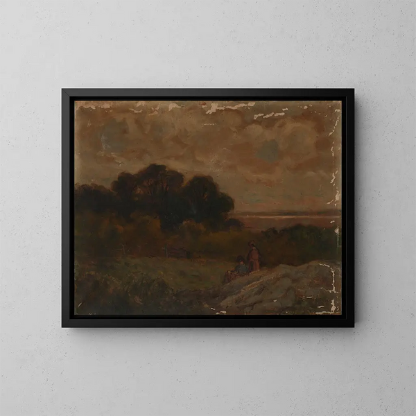 Landschap zonder titel met twee vrouwen liggend op rotsen - Edward Mitchell Bannister — ingelijst kunstwerk aan de muur