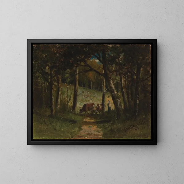 Koeien zonder titel op een pad in het bos - Edward Mitchell Bannister — ingelijst kunstwerk aan de muur