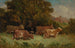 Onbekend Schilderij zonder titel met vijf koeien op een weiland, achter het dak - Edward Mitchell Bannister — weergave van het kunstwerk