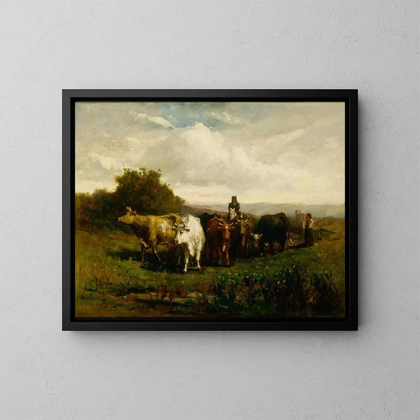 van een ongetiteld man te paard, vrouw te voet die vee leidt - Edward Mitchell Bannister — ingelijst kunstwerk aan de muur