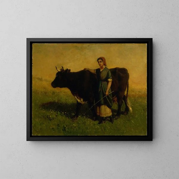 Vrouw zonder titel wandelend met een koe - Edward Mitchell Bannister — ingelijst kunstwerk aan de muur
