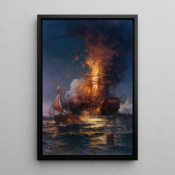 Reproduction of the painting Fire of the frigate Philadelphia in the port of Tripoli - Edward Moran