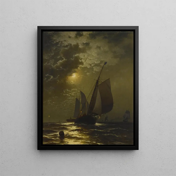 Bateaux de pêche au clair de lune - Edward Moran — framed artwork on a wall