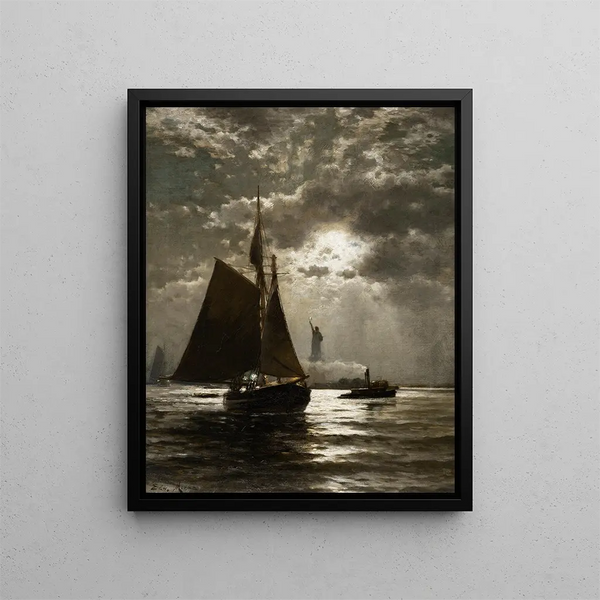Falling Night over the Port of New York - Edward Moran — framed artwork on a wall