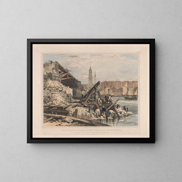Demolition of the Great Pillar or the Chapel of the Old London Bridge - Edward William Cooke — framed artwork on a wall