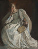 Dame in het wit zittend, rechterhand onder de kin, een waaier vasthoudend - Edwin Austin Abbey — weergave van het kunstwerk