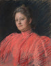 Portret van mevrouw Abbey in roze jurk tot aan de taille - Edwin Austin Abbey — weergave van het kunstwerk