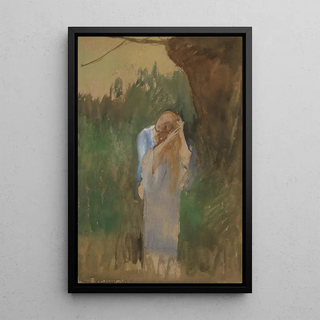 Edwin Austin Abbey - Woman in landcape combing her long blond hair.webp