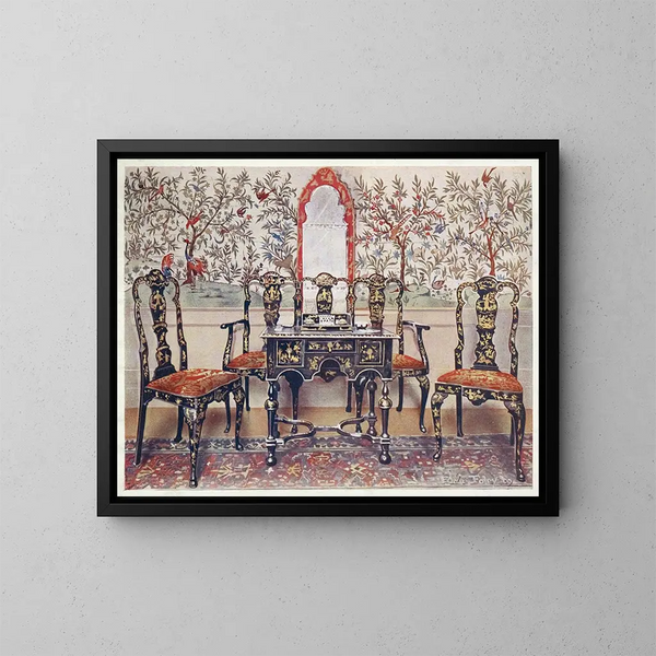 Black lacquer chairs and table with red lacquer mirror - Edwin Foley — framed artwork on a wall