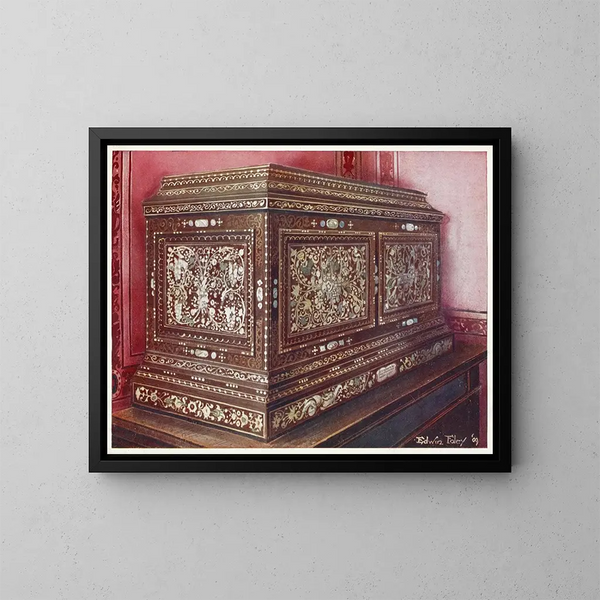 Wooden box set in walnut inlaid with jewelry with front, sides, and top panels - Edwin Foley — framed artwork on a wall