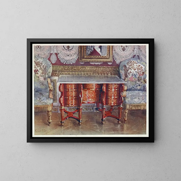 a kneeling desk painting in red tortoiseshell, with a lacquered steel top, gilded Boulle upholstered armchairs in tapestry - Edwin Foley — framed artwork on a wall