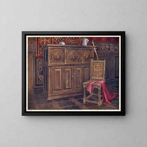 Cabinet oak with circular convex panels, armless walnut chair with interlaced floral ornament on the back - Edwin Foley — framed artwork on a wall