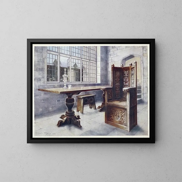a trestle table in oak and a miner's host chair - Edwin Foley — framed artwork on a wall