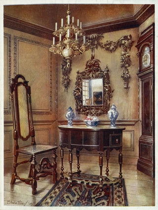 Edwin Foley - Panelling from an old house Mirror frame Walnut table walnut chair Walnut highcase clock.webp