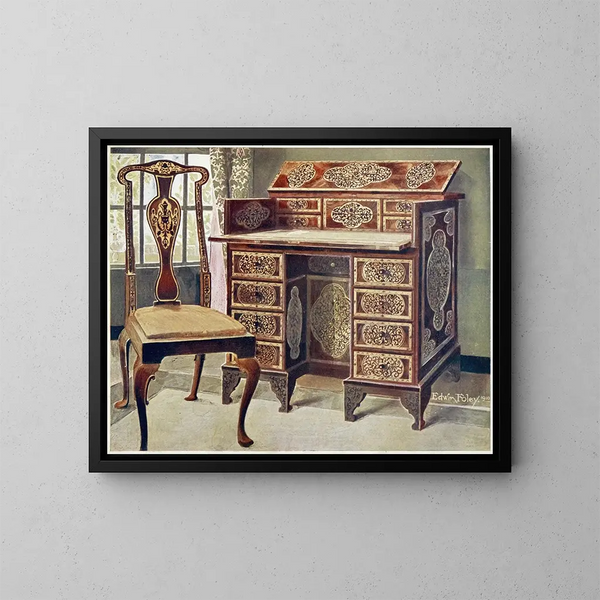 schrijftafel in notenhout marqueterie - Edwin Foley — ingelijst kunstwerk aan de muur