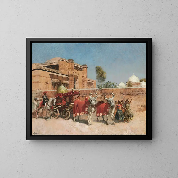 A wedding procession in front of a palace in Rajasthan - Edwin Lord Weeks — framed artwork on a wall